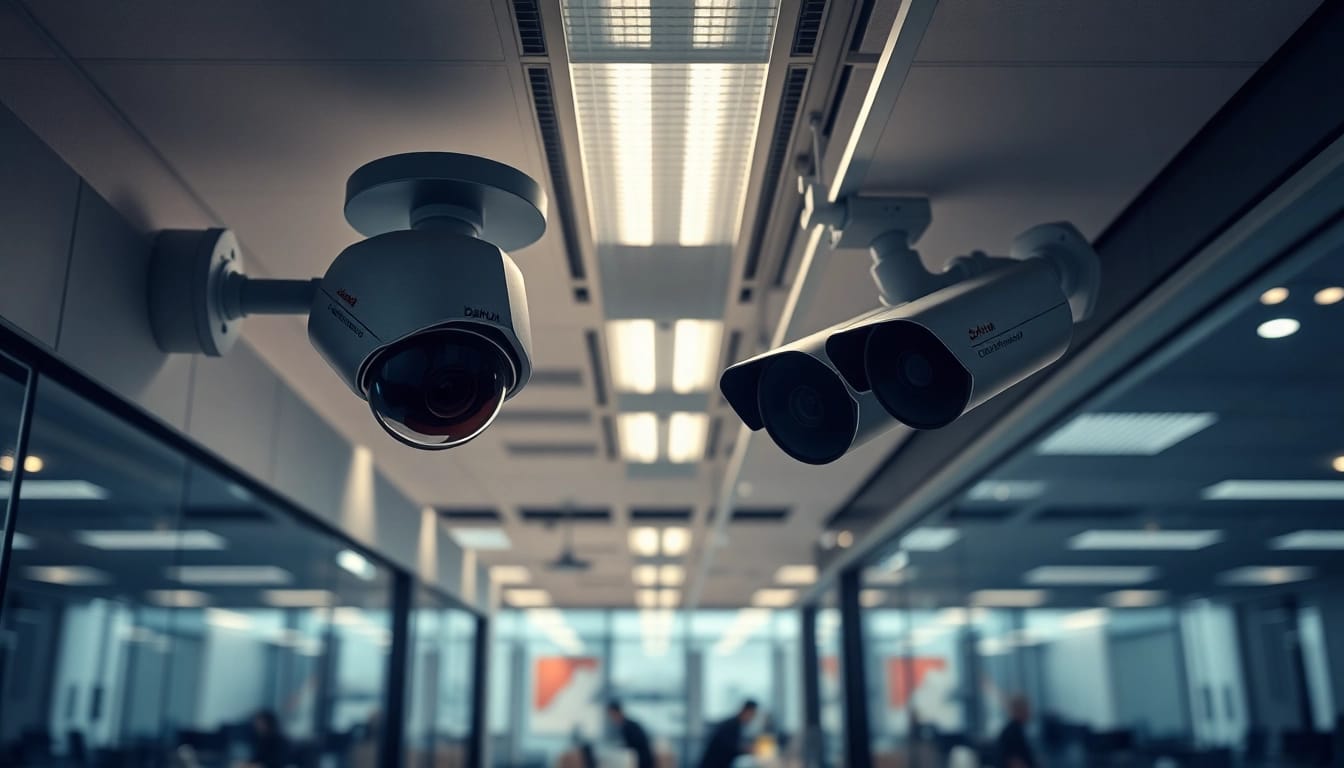 Cámaras Dahua instaladas en un entorno empresarial moderno, que muestran tecnología de seguridad avanzada.