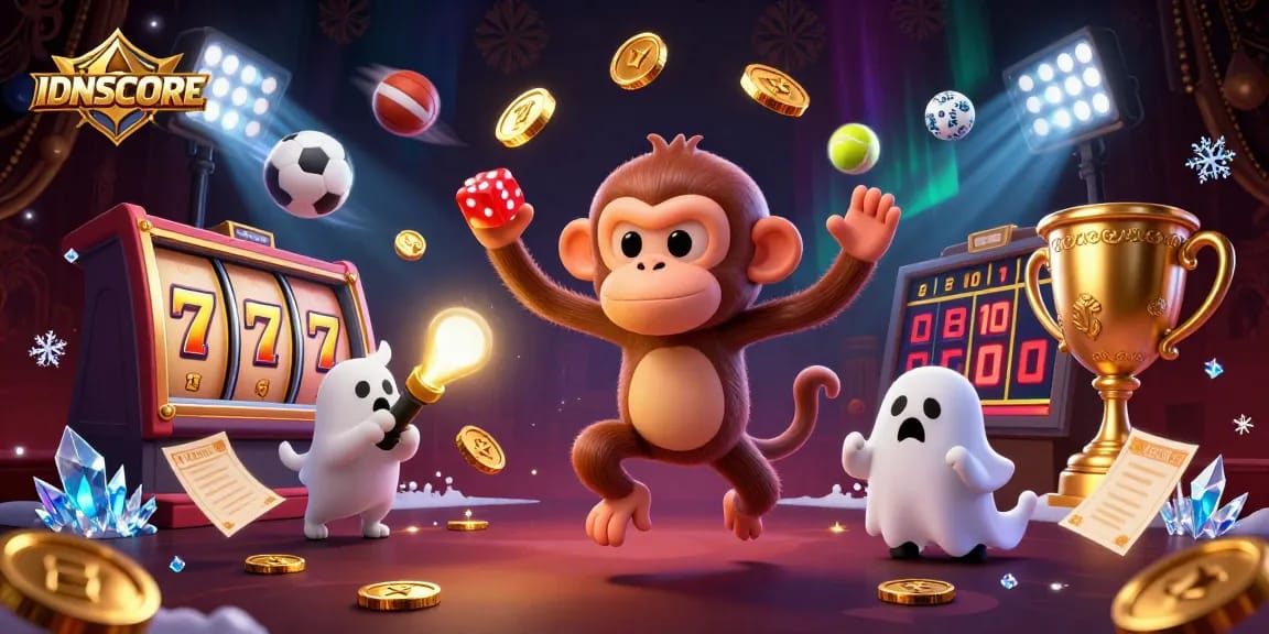 IDNSCORE platform showcases engaging gambling, with vibrant slot reels and exciting game elements in the casino