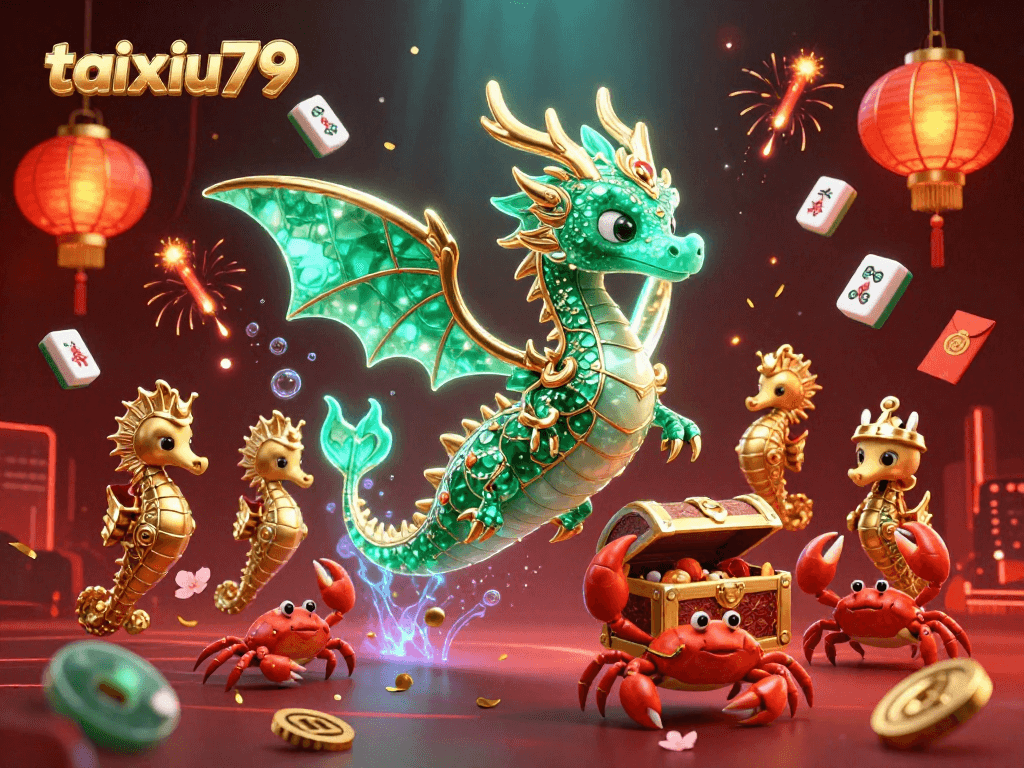 Win big with taixiu79 in this dynamic illustration featuring vibrant casino symbols and thematic elements.