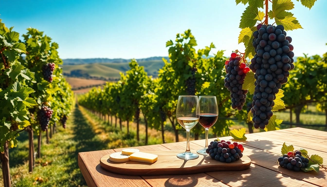 Experience wine tasting at wineries in Clarksburg with beautiful vineyard views and delicious pairings.