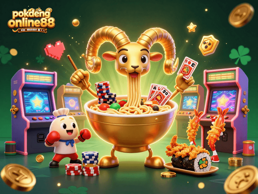 Engage in thrilling Pok Deng action with pokdeng-online88, featuring colorful 3D characters and casino elements.