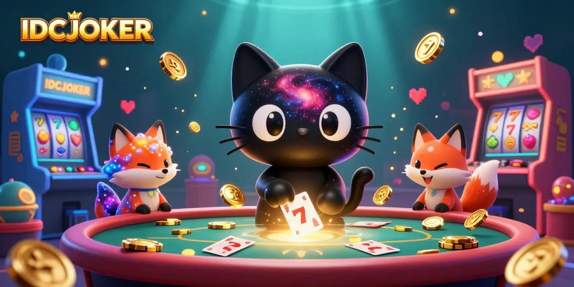 Engage with IDCJOKER in a vibrant cosmic casino scene filled with dynamic gaming elements.