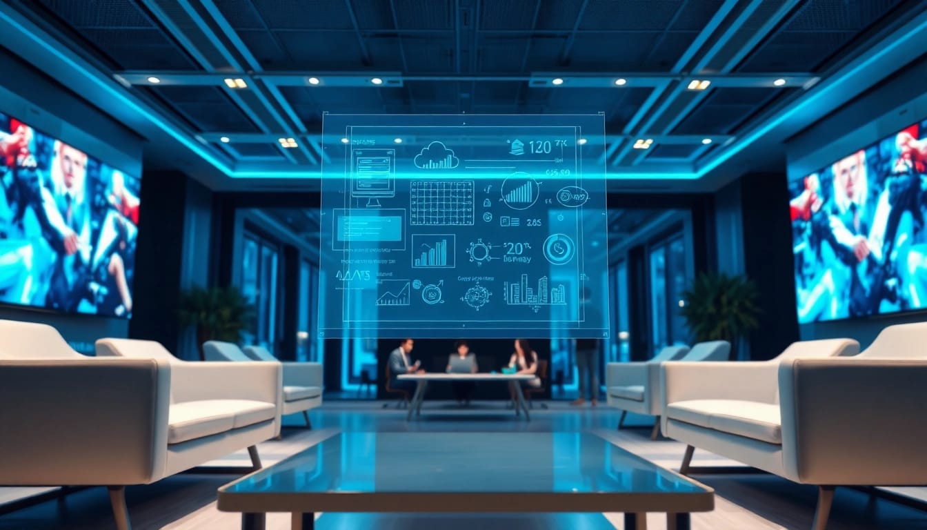 Showcasing advanced Technology concepts in a vibrant office with a holographic display.