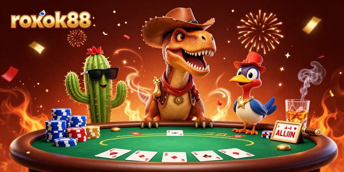 Engage in thrilling poker action at rokok88 with colorful poker chips, dynamic T-Rex characters.