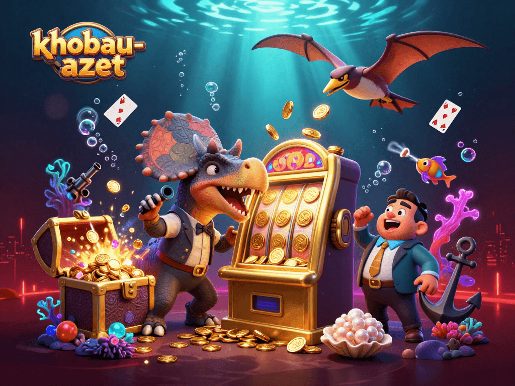 Catch the jackpot with khobau-aztec as a pachycephalosaurus hits the slot machine amidst glowing treasures.