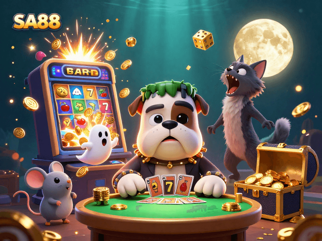 Join SA88's exhilarating card game with a spooky bulldog dealer, lively ghost mouse, and thrilling casino action.