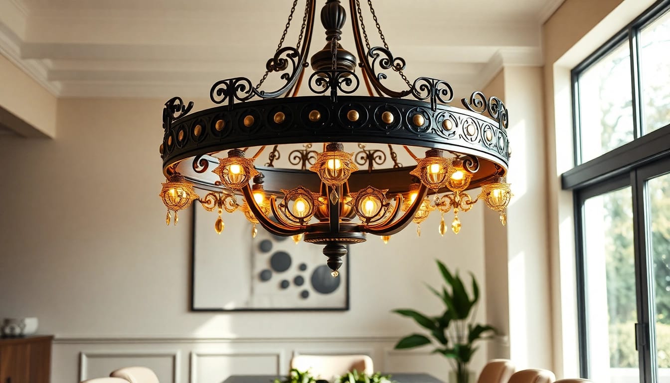 Stylish black and gold light fixture illuminating a modern dining space with elegance.