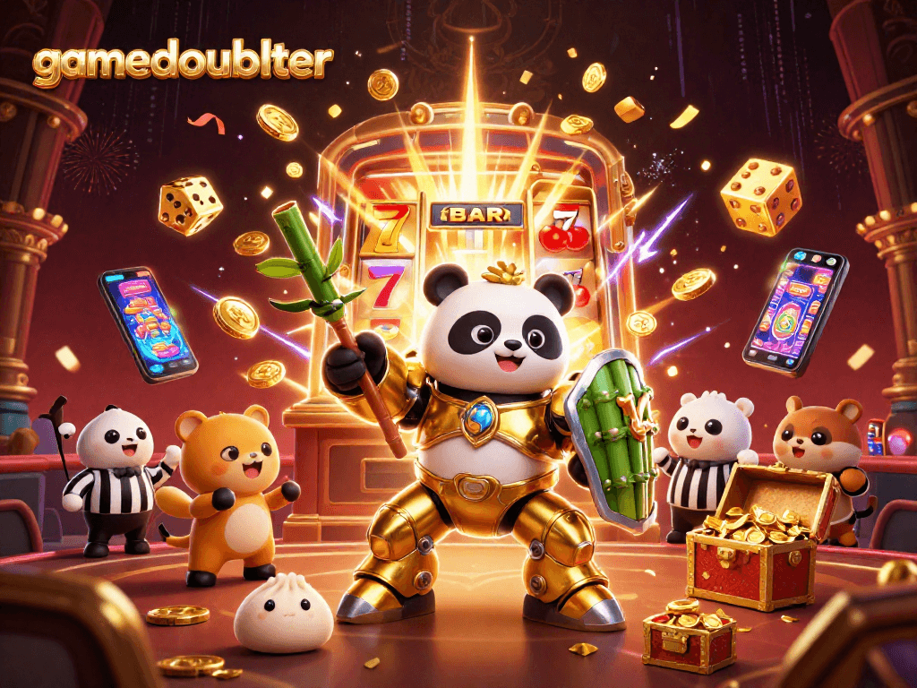 Win big at gamedoubler with a vibrant scene showcasing a golden panda, slot machines, and exciting casino games.