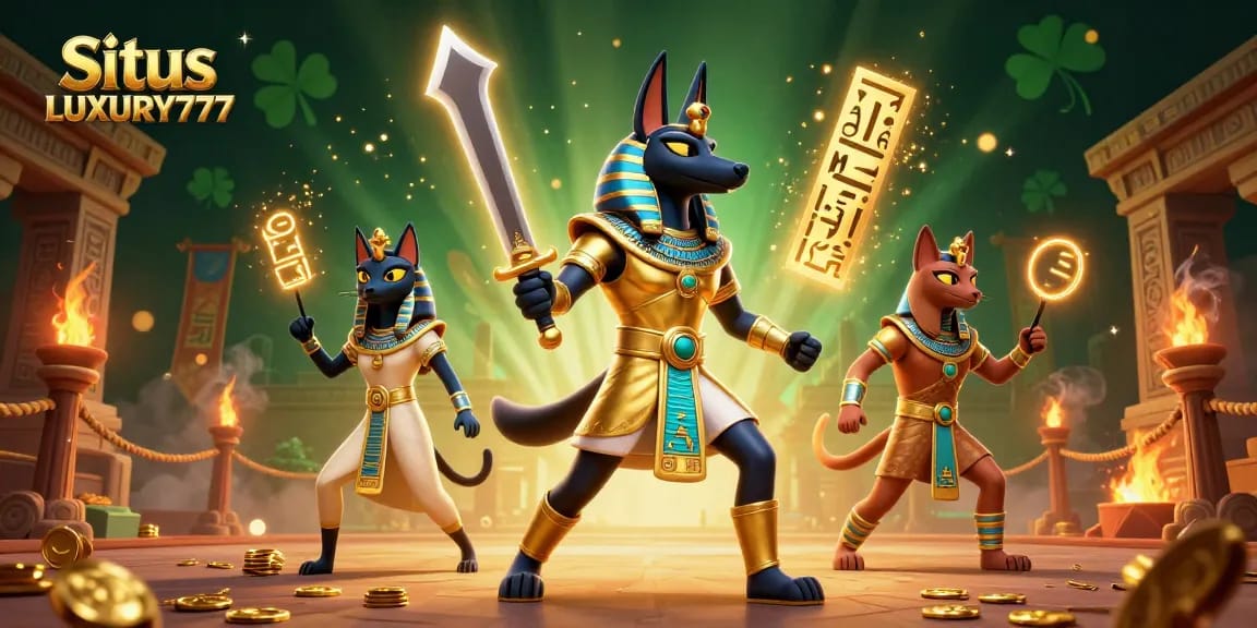 Menggali keseruan Situs LUXURY777 melalui ilustrasi kasino 3D yang menakjubkan dengan karakter Anubis dan Bastet.
