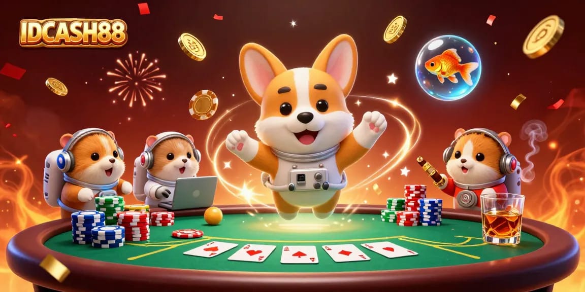 Experience the excitement of IDCASH88 with a cartoon astronaut corgi in a vibrant space casino.