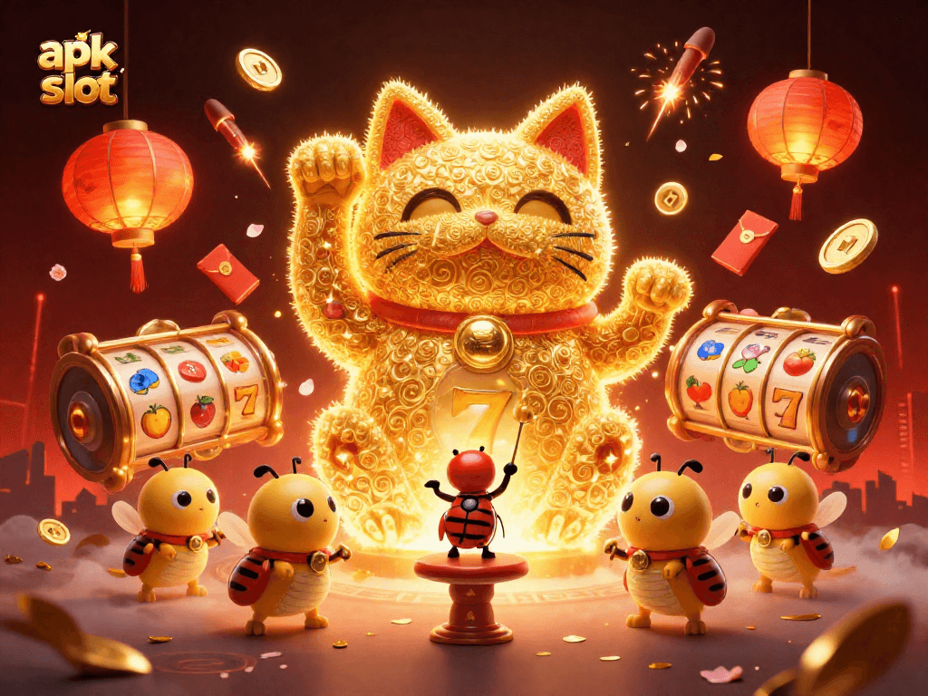 Menangkan jackpot dengan apk slot di situs dengan simbol slot keberuntungan dan koin jade.