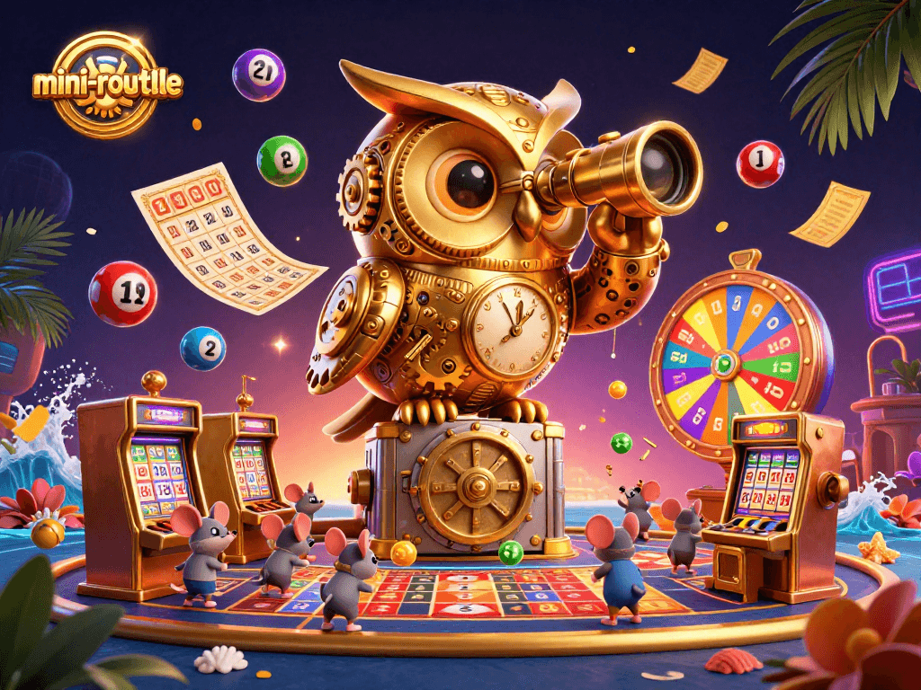 Enjoy thrilling mini-roulette gameplay with vibrant elements and charming characters in this casino scene.