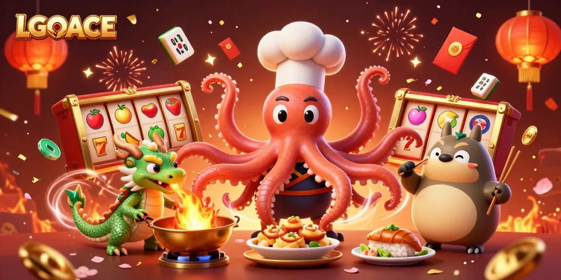 LGOACE players spin vibrant slot reels celebrating big wins with colorful elements and characters in action.