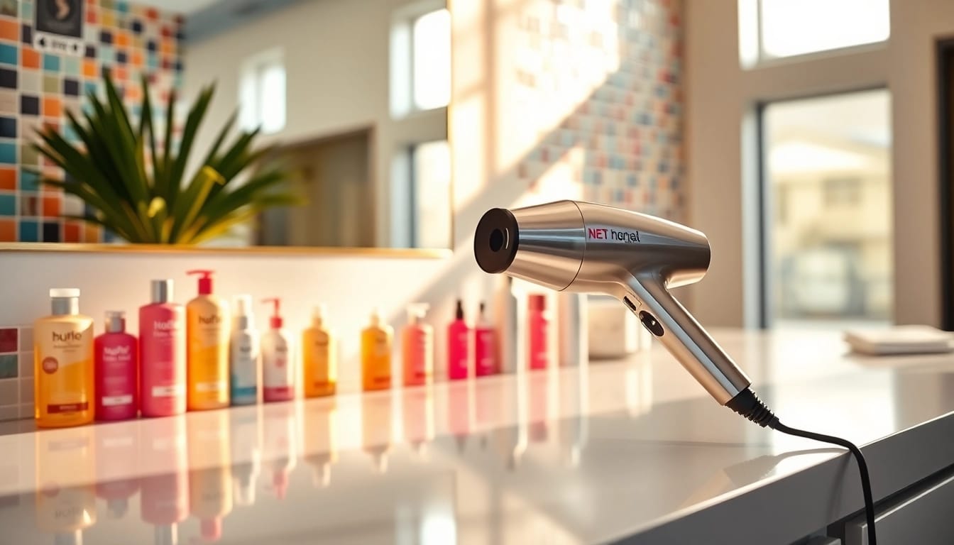 Styling with an ionic blow dryer showcasing its sleek design and premium features.