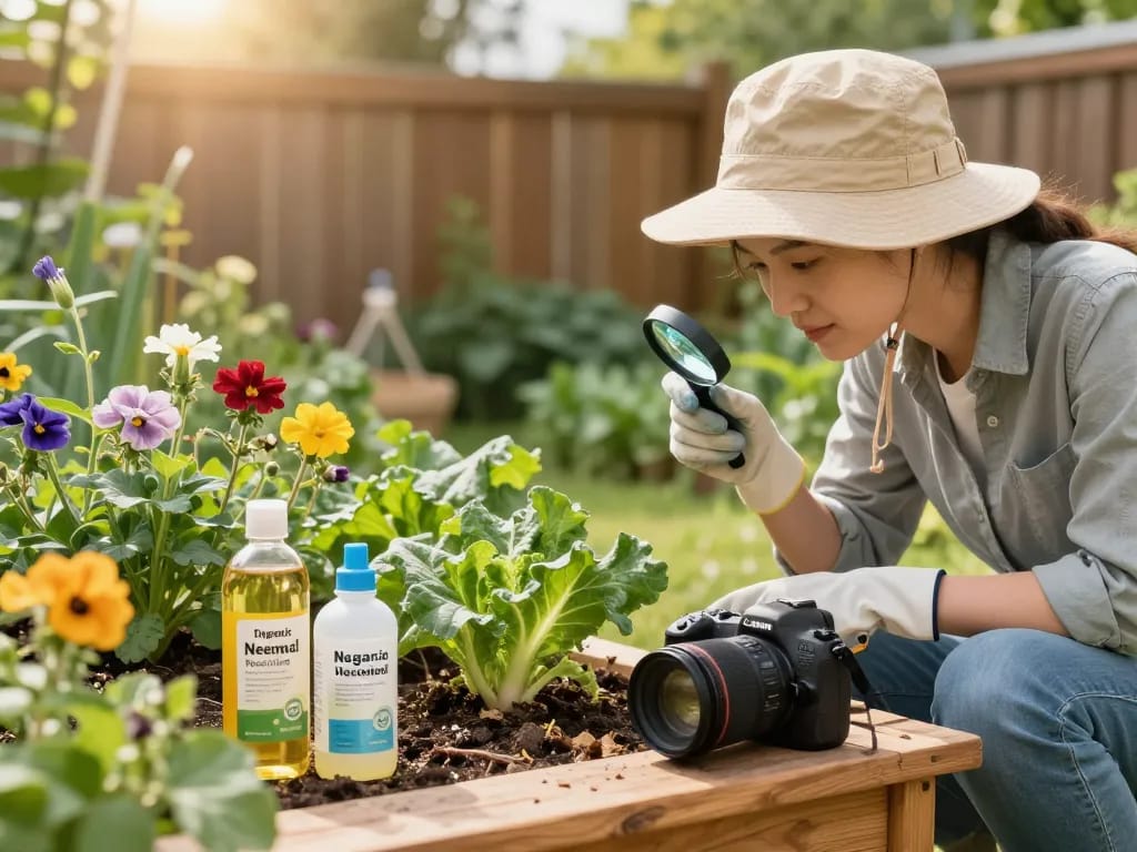 Homeowner using pest control tips in a vibrant garden, inspecting plants for pests.