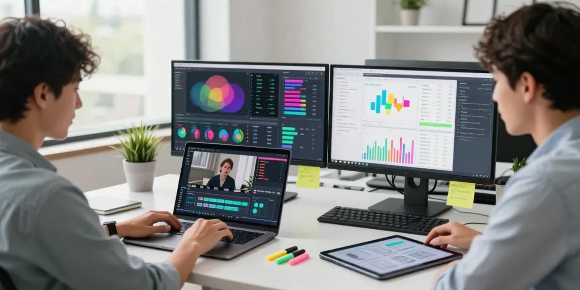 Workspace where NSFW content is edited and analyzed, featuring modern office tools and creative decor