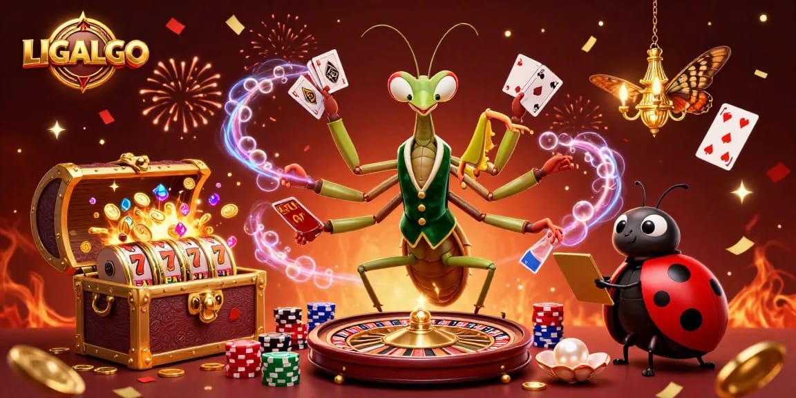 LIGALGO showcases winning strategies with a lively casino scene featuring a mantis dealer and vibrant slot elements.