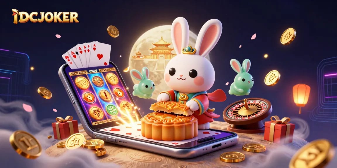 IDCJOKER's vibrant scene showcases a lunar rabbit unveiling poker chips in an exciting slot game setting.