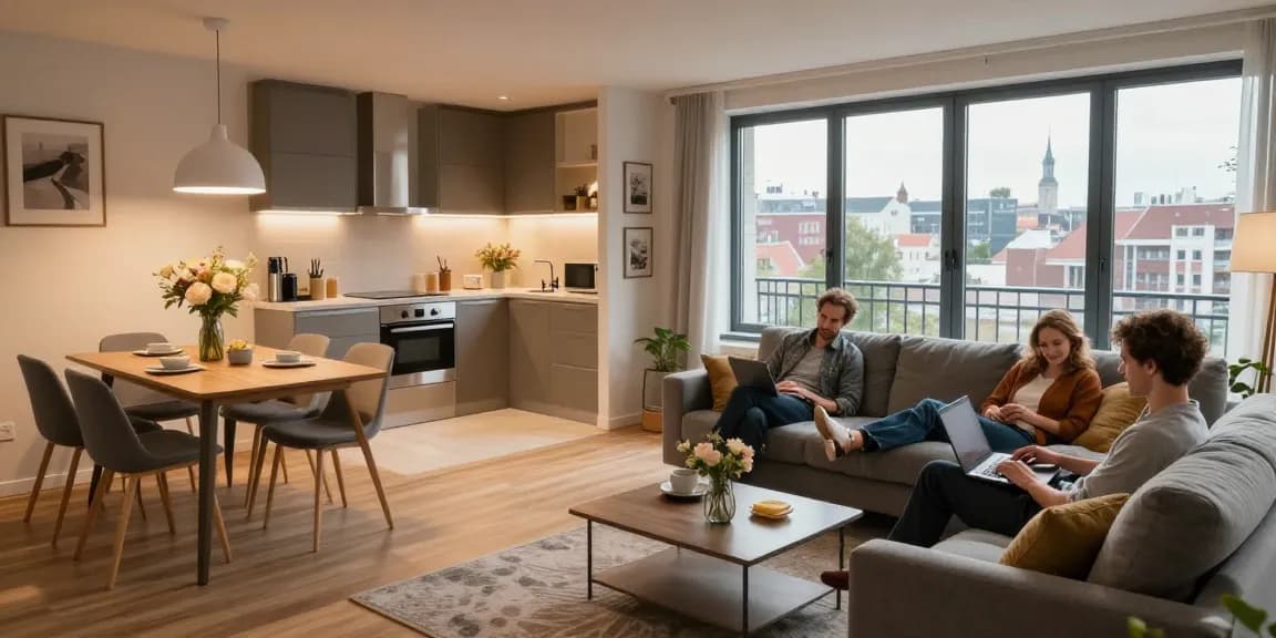 Moderne Monteurwohnung Hannover mit komfortablem Wohnzimmer und Stadtblick.