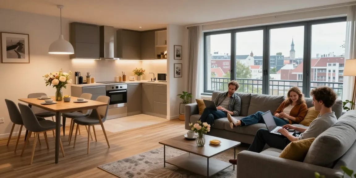 Moderne Monteurwohnung Hannover mit komfortablem Wohnzimmer und Stadtblick.