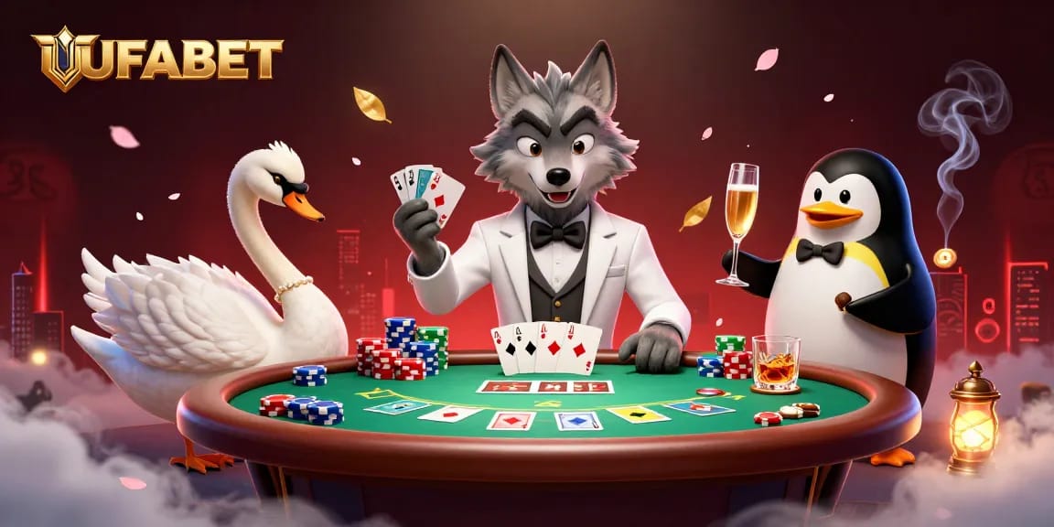 Experience the excitement at UFABET with a debonair wolf, an elegant swan, and a sophisticated penguin in a dynamic casino scene.