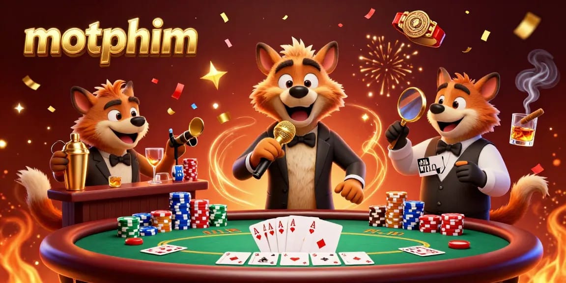 Engaging scene from motphim showing hyena characters in a comedy casino club with vibrant gaming elements.