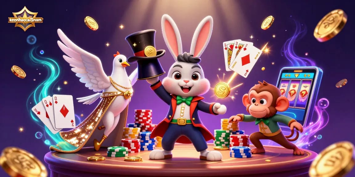Engage with keonhacai5nam featuring a magical scene of a rabbit pulling coins, a dove, and a monkey among casino treasures.