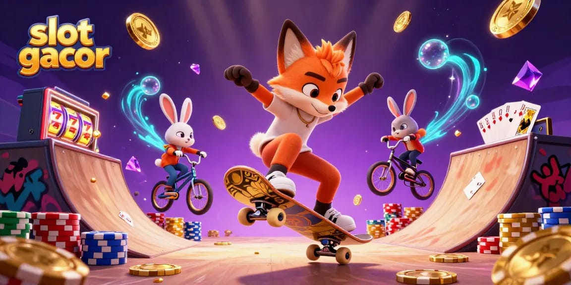 Experience slot gacor thrills with cartoon characters amidst a vibrant casino scene filled with sparkling elements.