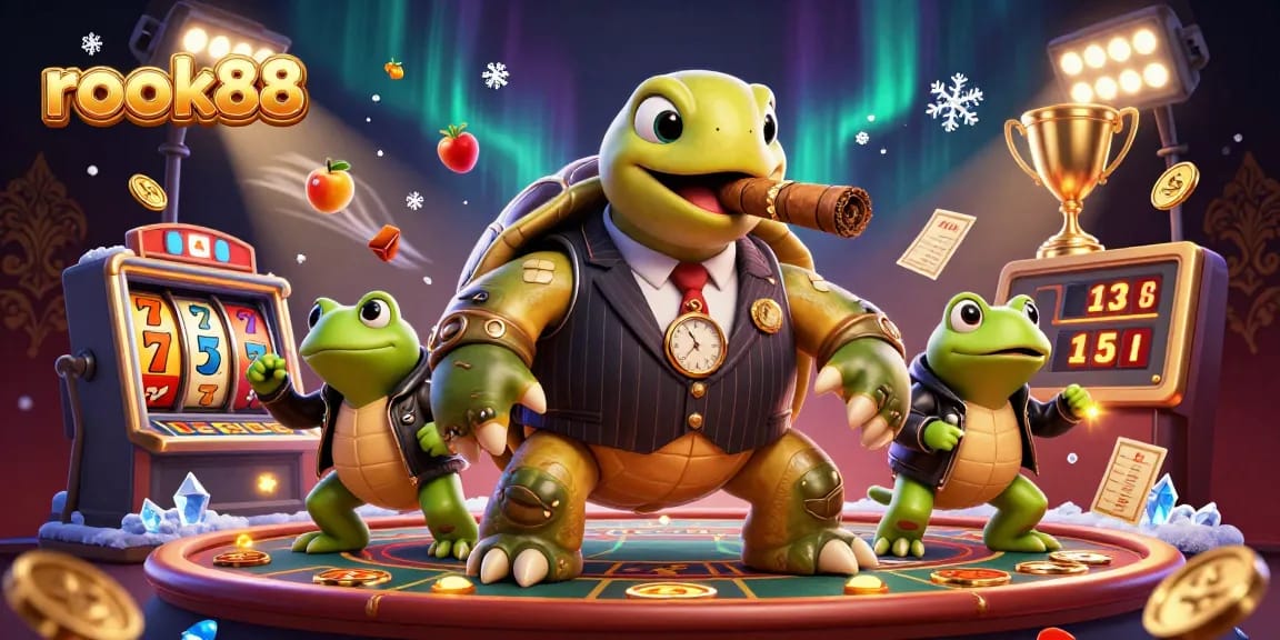 Experience high-stakes action with rokok88's casino-themed 3D illustration featuring a mobster turtle.