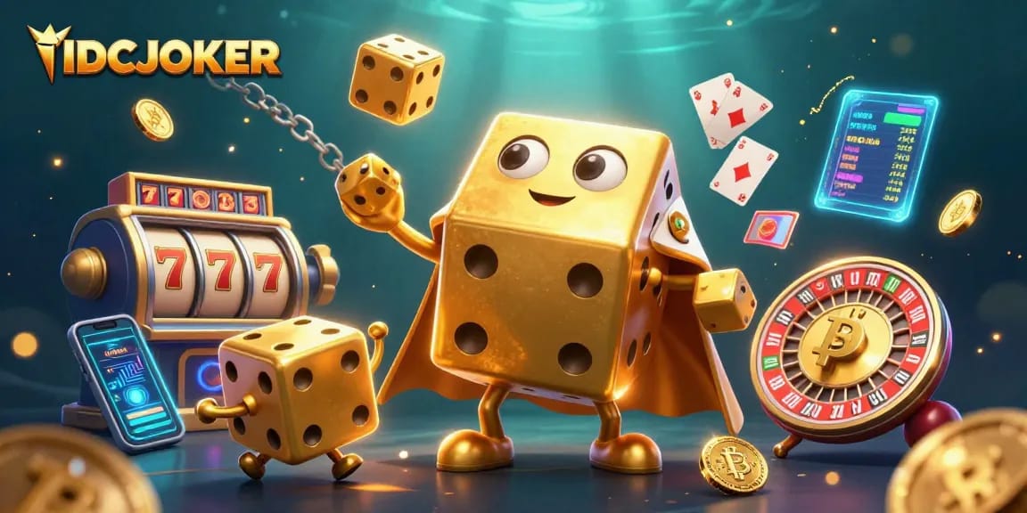 Experience IDCJOKER's slot adventures with dynamic 3D dice and crypto elements in a vibrant casino scene.
