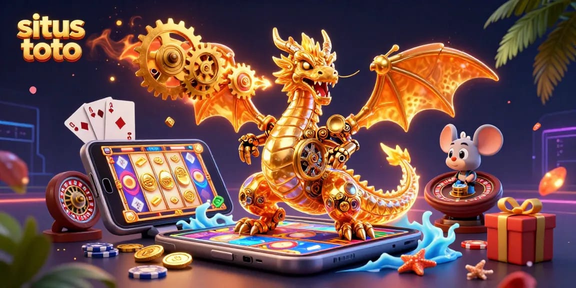 Engage with situs toto on an immersive 3D illustration featuring a golden dragon and dynamic gaming elements.