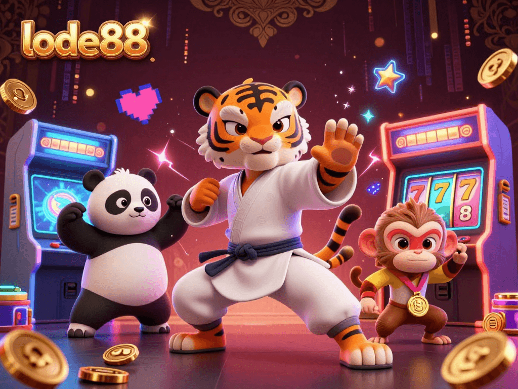 Engage with lode88 at a vibrant casino scene featuring kung fu tiger and playful characters.