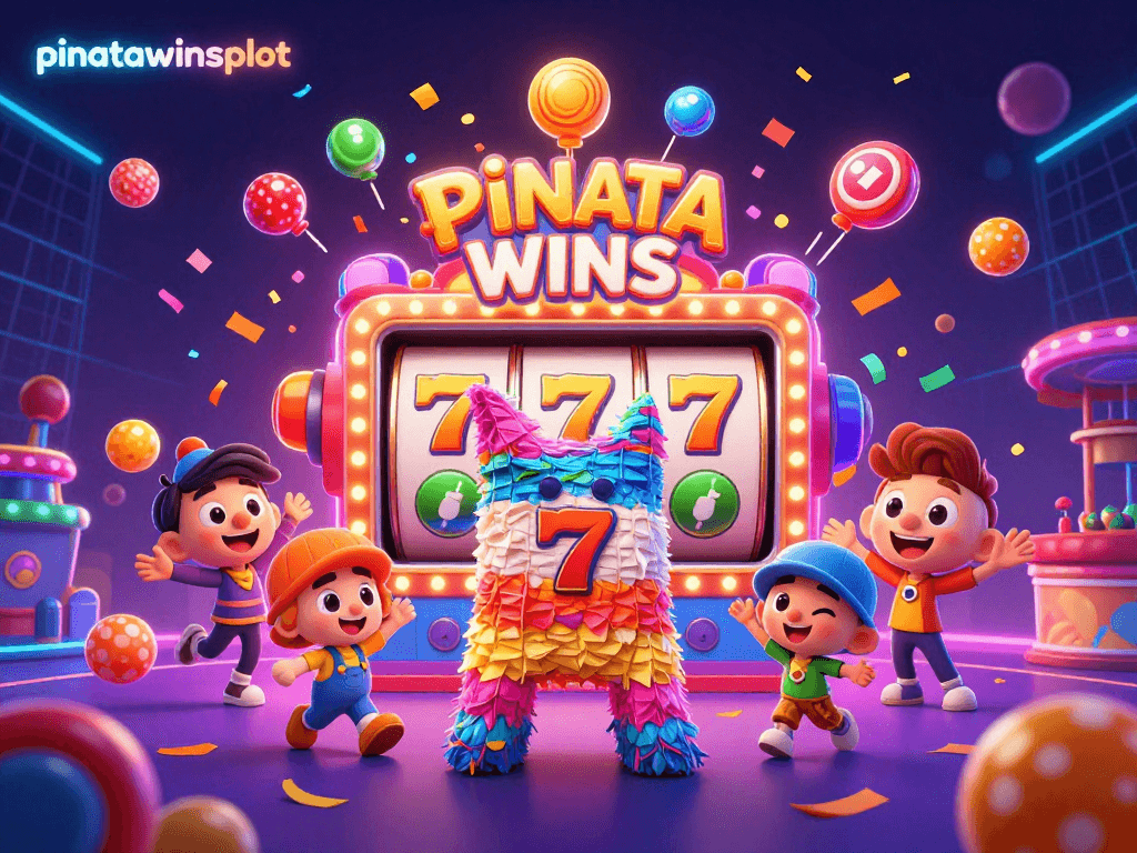 Experience the excitement of pinatawinsslot as characters joyfully break open pinatas to reveal candy treasures in this vibrant carnival scene.