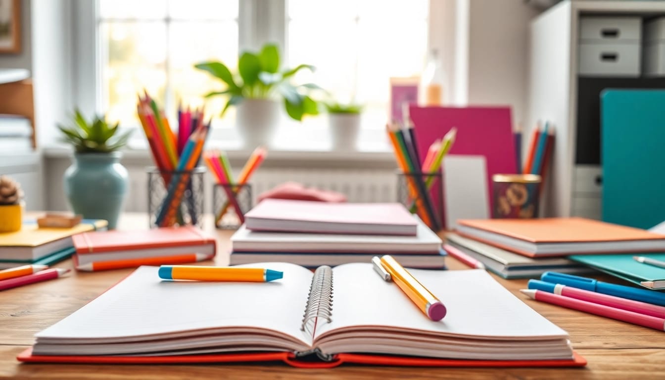 Engaging stationery uk display featuring colorful notebooks and writing materials on a bright desk.