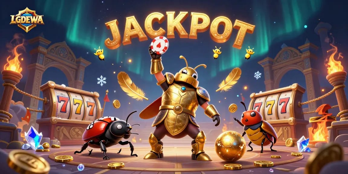 Spin and win at LGODEWA with a victorious beetle lifting a poker chip amidst casino elements.
