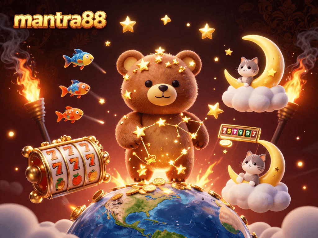 Experience wins at mantra88 while a bear scoops coins, surrounded by exciting casino elements.