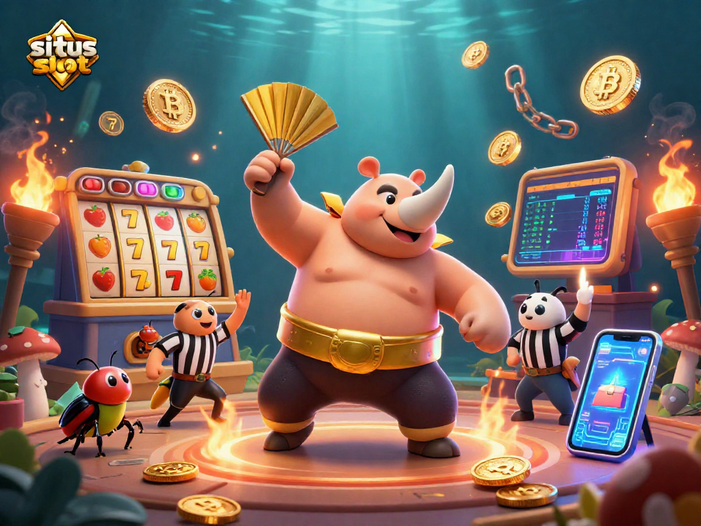 Gambar situs slot yang menampilkan kejuaraan beetle sumo dengan simbol jackpot dan koin emas terbang.