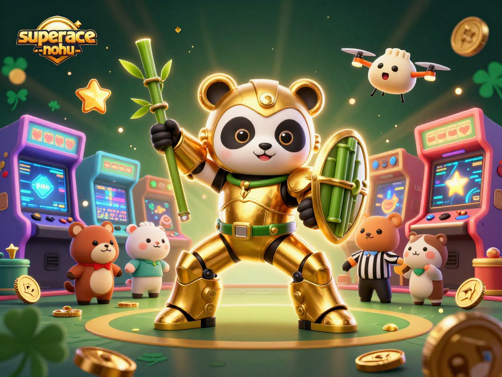 Engage with superace-nohu in thrilling gameplay featuring a mech-suit panda in an electrifying casino scene.