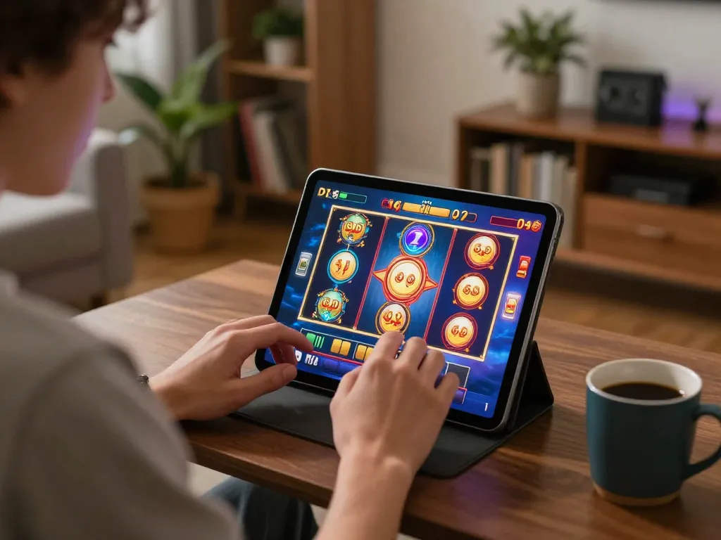 Pemain menikmati permainan slot gacor di tablet dalam suasana ruang tamu yang nyaman