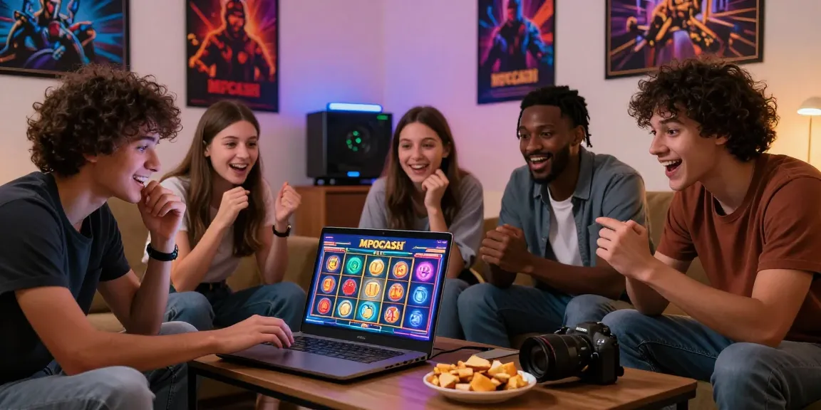 Friends enjoying MPOCASH online slots in a vibrant living room, showcasing excitement and camaraderie.