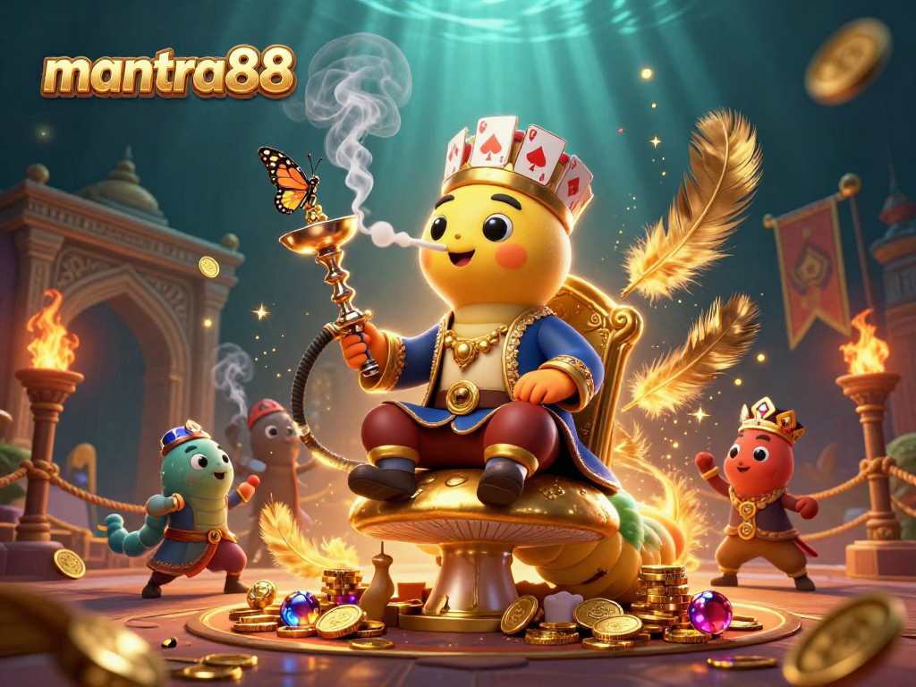 Experience the excitement of mantra88 with a dynamic 3D illustration depicting a whimsical caterpillar in a casino setting.