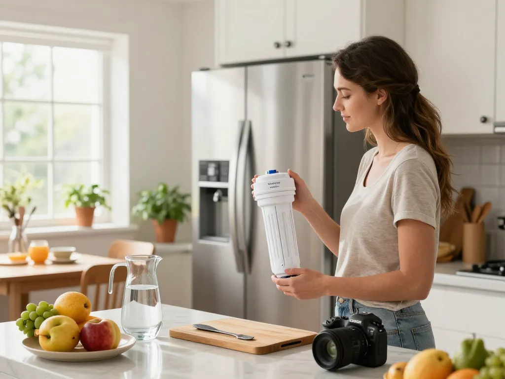 Woman replacing the Waterdrop 4396508 Refrigerator Water Filter in a modern kitchen, emphasizing cleanliness and health.