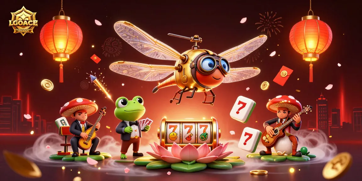 LGOACE casino scene with dragonfly pilot, frog croupier dealing cards, and dynamic gaming elements