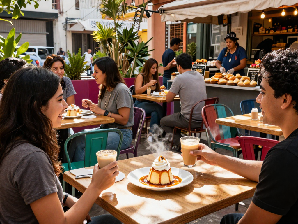 A group of friends enjoying the best suspiro a la limena near me at a vibrant outdoor café.