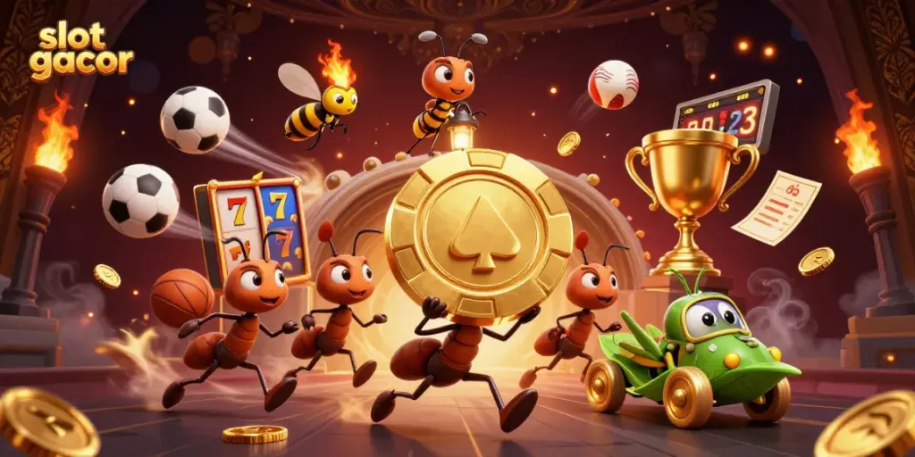 Experience the thrill of slot gacor games with dynamic characters and immersive casino elements in this vibrant illustration.