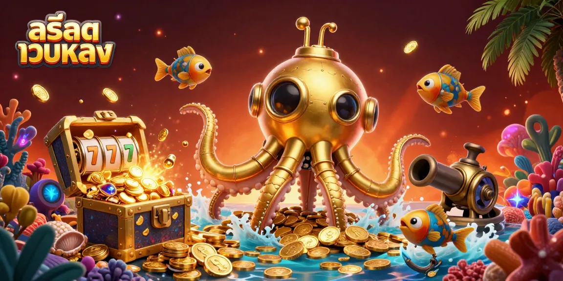 Experience the thrill of สล็อตเว็บตรง illustrated with a vibrant kraken submarine amidst treasures and slot reels.
