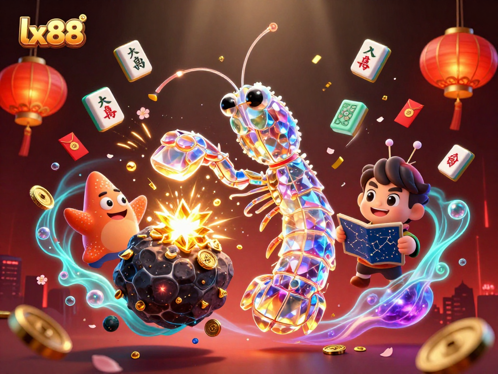 Experience thrilling action at lx88 with a 3D galactic mantis shrimp and a starfish amidst vibrant casino elements.