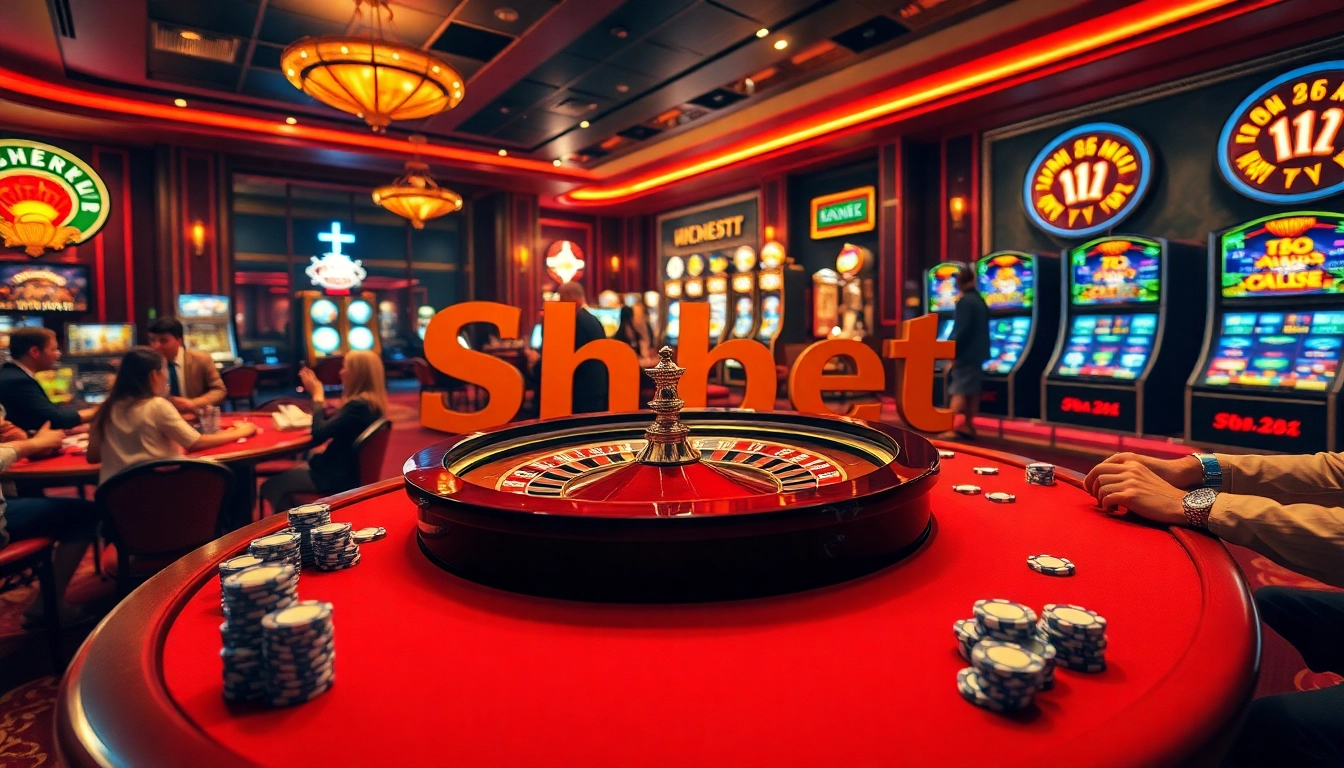 Experience thrilling gameplay with Shbet at a luxurious casino table featuring roulette and poker chips.