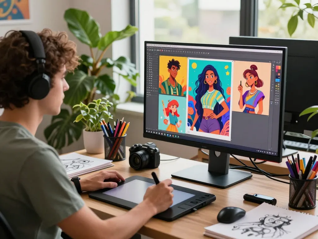 Engaging workspace showing digital artist designing an AI slut character in a vibrant art studio.