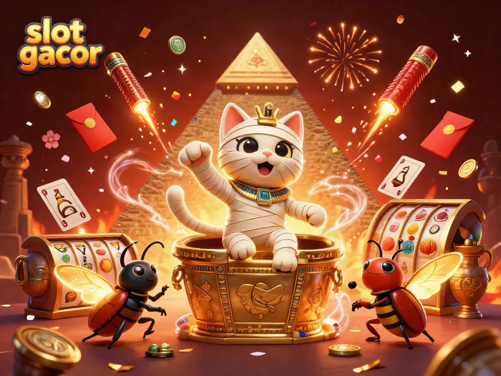 Slot gacor menampilkan kucing mumi 3D dan skarab dalam kasino piramida dengan visual yang memukau.